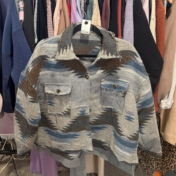 Aztec Print Button-Front Shacket - Neutral Blue - Picture 2 of 2